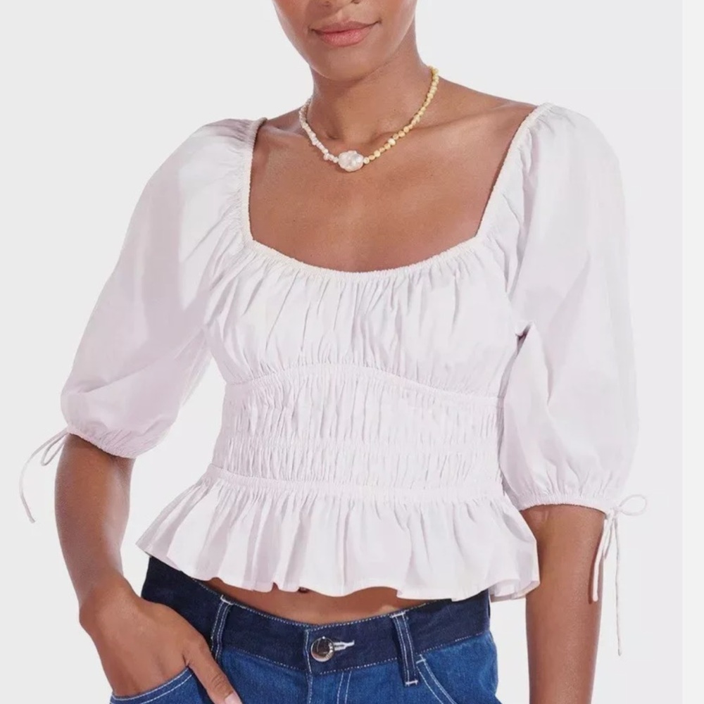 STAUD FAYE PUFF- SLEEVE RUCHED SMOCKED CROP TOP SOLID WHITE - XL